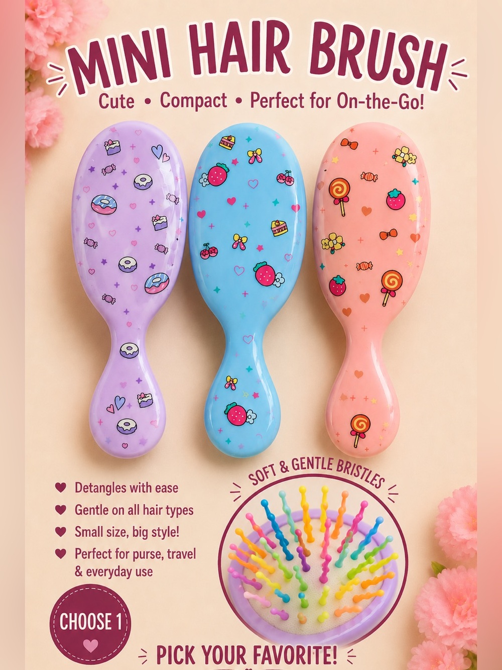 Purple Kids Detangling Hair Brush with Donut & Candy Print